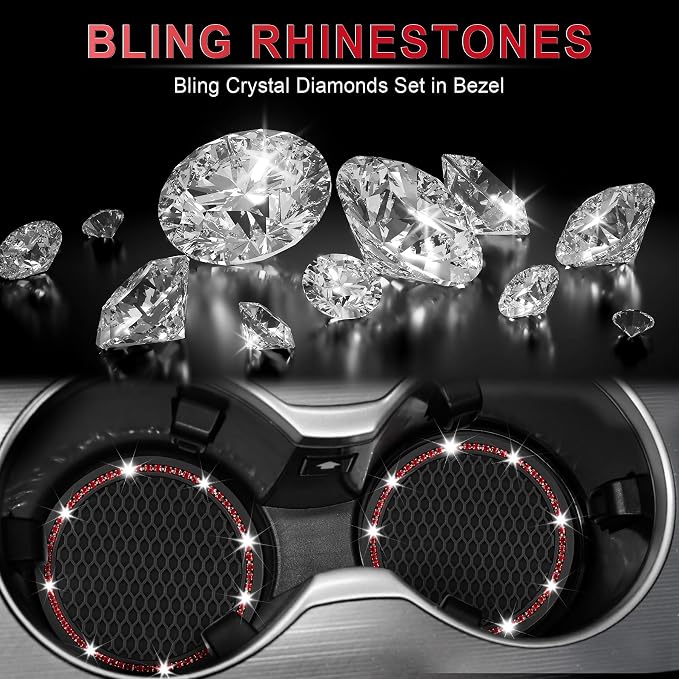 JUSTTOP 2 Pack Universal Auto Anti Slip Cup Holder Insert Coaster, Car Cup Holder Coaster, Bling Crystal Rhinestone Car Interior Accessories, Black - Red