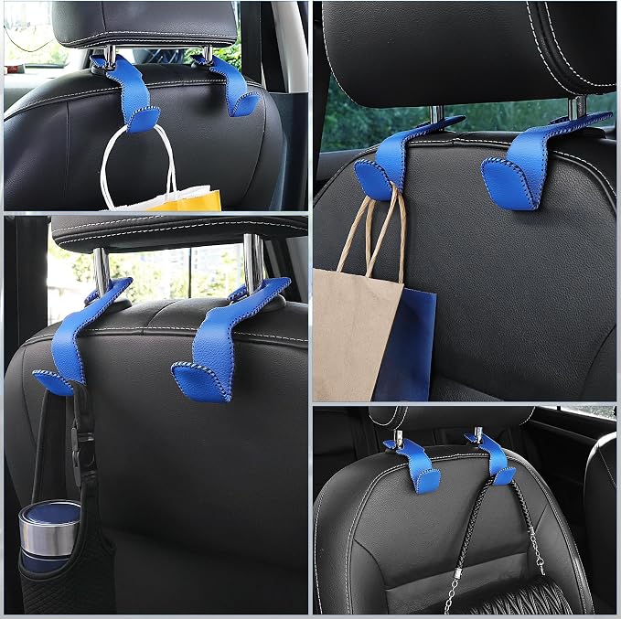 LivTee Blue Superior Leather Car Seat Back Headrest Hook, Auto Seat Hook Hangers Interior Accessories for Purse Coats Umbrellas Grocery Bags Handbag, 2-Pack
