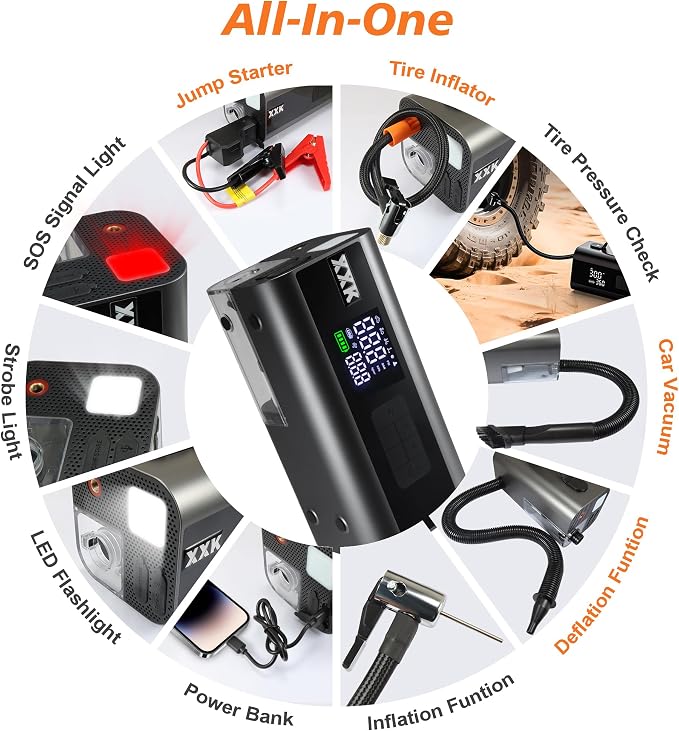 160PSI Tire Inflator Portable 2000A Car Jump Starter,20000mAh | 15000PA Vacuum With Digital Pressure Gauge,Power Bank With Led Light,Suck&Blow Function,For Car,Bicycle,Balls