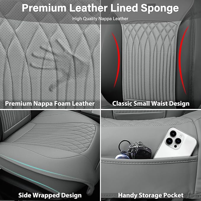 CAR PASS Car Seat Protector, 2 Pack Sideless Nappa Leather Seat Covers for Cars, All Season Waterproof Breathable Front Seats Cushion with Storage Pocket Universal Fit Vehicle Car SUV Truck, All Gray