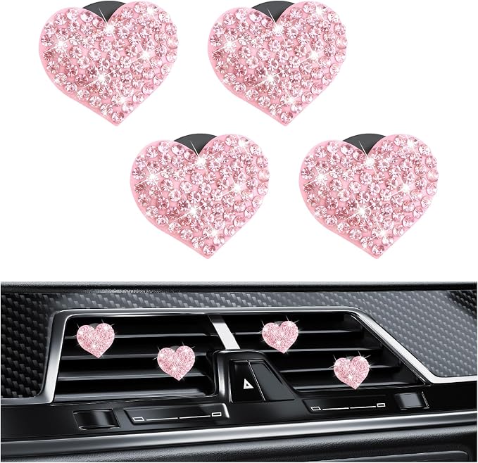 4PCS Bling Car Vent Clips with Rhinestone,Cute Heart Air Vent Clips for Interior Decorating,Shiny Air Vent Clips Car Accessories as Birthday Gifts for Women & Girls (Pink)