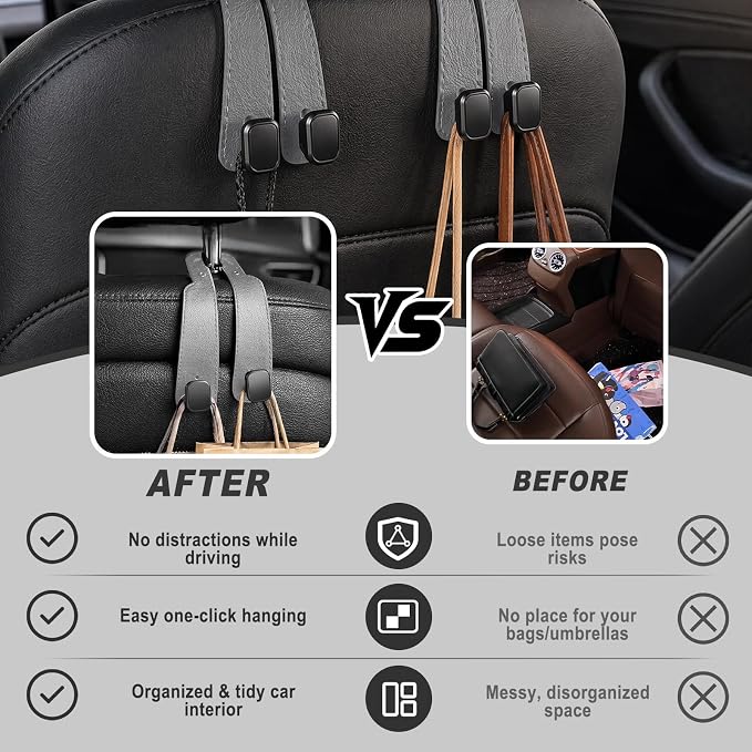 Headrest Hooks for Car 2 Pack, Upgraded Double Metal Hooks with Leather Cover, Car Seat Back Storage Organizer with Anti-Drop Design, for Purses, Handbags, Coats, Groceries (style2)