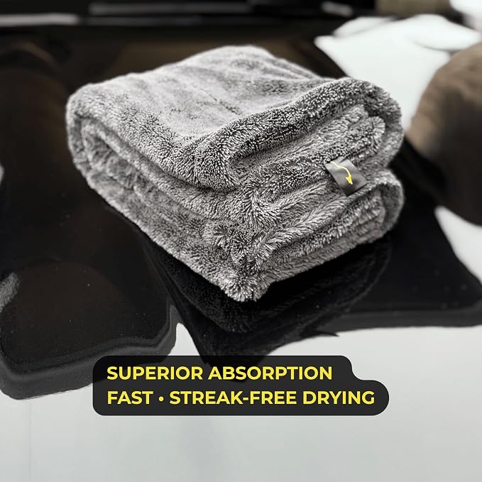 Sleek Max Dry 2000GSM Car Drying Towel 20x31, Grey | Ultra-plush twist-loop microfiber, maximum absorption, soft on paint, double-sided, cars, trucks, SUVs & full-vehicle drying