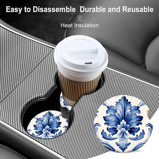 Cup Holder for Car,Blue and White Floral Elegant Print Ceramic Coasters Non-Slip Cup Holder Insert with Fingertip Grip, Auto Interior Accessories for Women & Men,Pack of 2, 2.56In