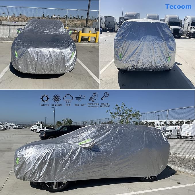 Tecoom Super Heavy Duty Multiple Layers SUV Car Cover All Weather Waterproof Windproof Reflective Snow Sun Rain UV Protective Outdoor with Buckles and Belt Fit 170-190 inches SUV