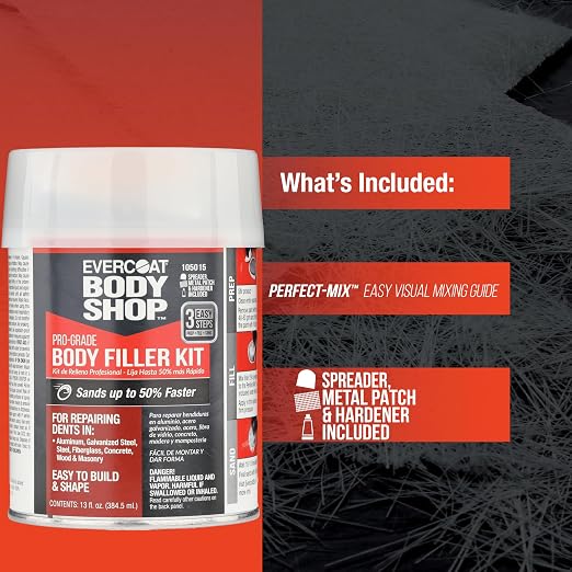 Evercoat Body Shop 105015 Pro-Grade Body Filler Kit, Easy to Build and Shape, Multipurpose for Dents in Aluminum, Fiberglass & More, Easy Mix Hardener Included 13 Fl Oz.