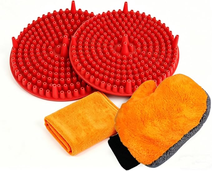 10.4in Heavy Duty Car Wash Bucket Grit Trap Insert (2 Pack) with Premium Wash Mitt & Microfiber Towel - Auto Detailing Dirt Separator Filter, Car Washing Accessories (Red Kit)