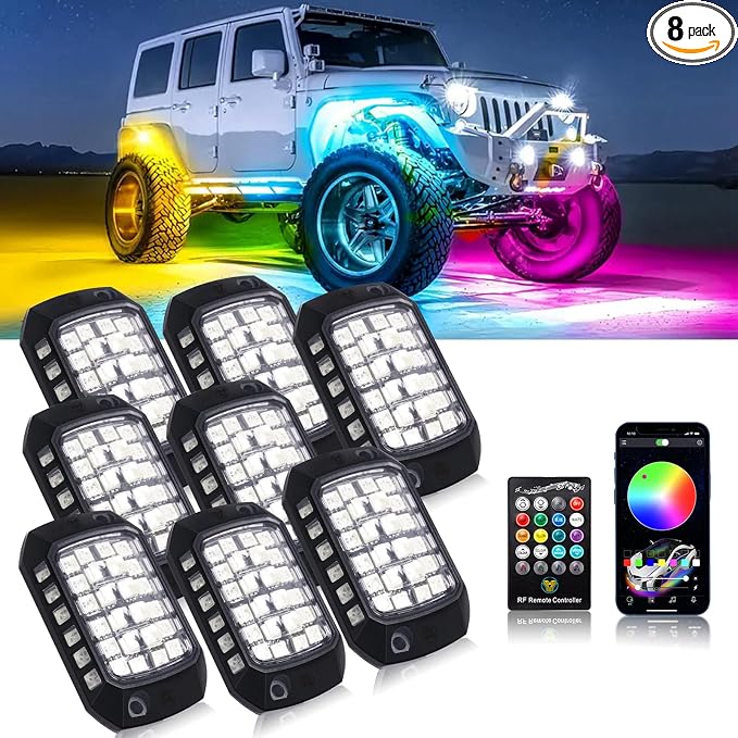RGB Rock Lights, 8 Pods 36 LEDs SMD Chips Super Bright Pod Lights | 12V DC, Remote & App Control, Underglow Kit for Off Road Cars Trucks Jeep SUV UTV ATV RZR Golf Cart Wheel Well