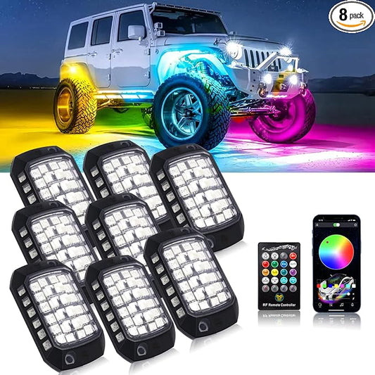 RGB Rock Lights, 8 Pods 36 LEDs SMD Chips Super Bright Pod Lights | 12V DC, Remote & App Control, Underglow Kit for Off Road Cars Trucks Jeep SUV UTV ATV RZR Golf Cart Wheel Well
