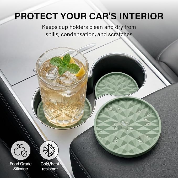 Car Coasters Silicone [4 Pack] 2.75in Universal Mats Non-Slip, Embedded Car Interior Accessories, Car Cup Holders Insert Coasters Decor，Sage Green