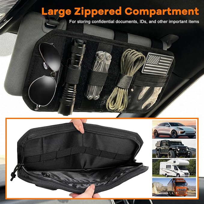 Molle Car Sun Visor Organizer, Auto Semi-Rigid MOLLE Panel Police Gear Holder w/Zipper Pocket & Sunglasses Clip, Universal Tactical Panel Visor Organizer for Cars SUVs Trucks