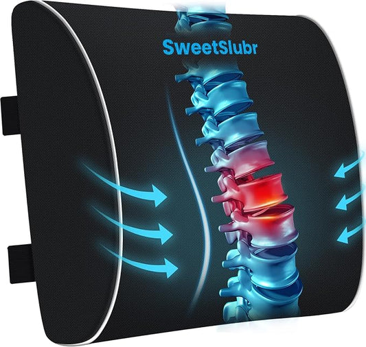 SweetSlubr Large Lumbar Support Pillow for Office Chair, Car Seats and Home Desks, Ergonomic Back Support with Double Adjustable Straps, Machine Washable Cover (Black,XL)