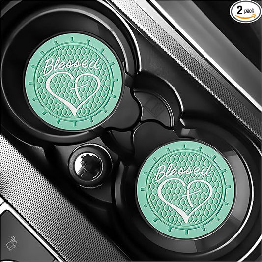2 PCS Car Cup Holder Coaster, 2.76 Inch Non-Slip Auto Drink Mats with Blessed Cross and Heart, Shockproof Christian Cup Insert Coaster for Most Vehicles, Car Accessories (Mint Green)