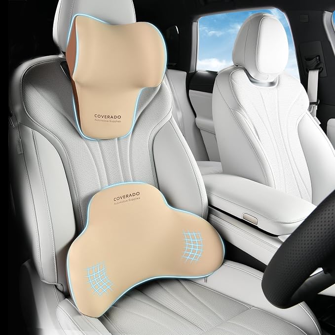 Coverado Lumbar Support and Car Neck Pillow, Ergonomic Memory Foam Desk Chair Cushion and Headrest Pillow for Car Office Chair, Sciatica & Neck & Tailbone Cushion