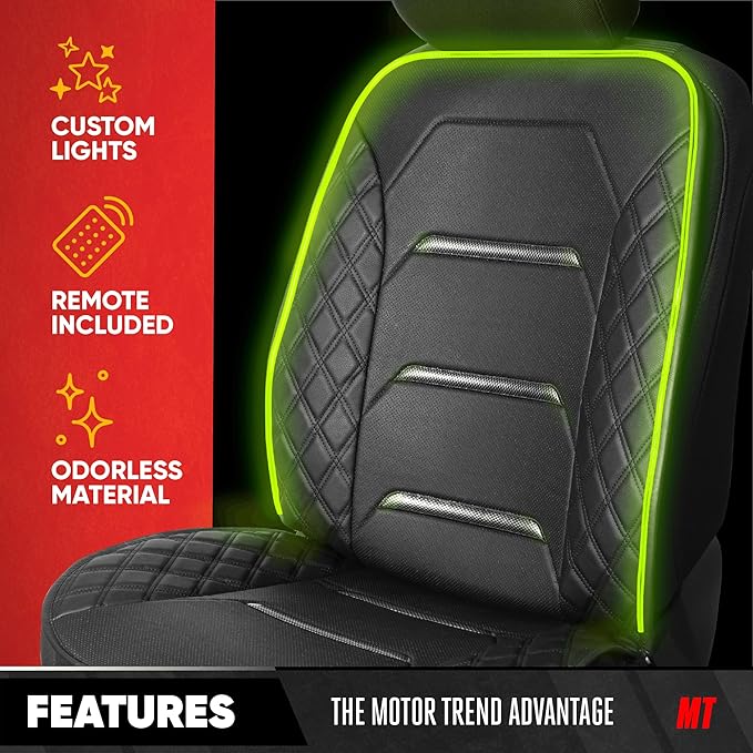 Motor Trend RGB LED Car Seat Protector with Remote — Color-Changing Front Seat Cover, 4 Modes (Music Sync, Pulse, Fade, Static), Universal Fit, Faux Leather Trim, Waterproof & Easy Install