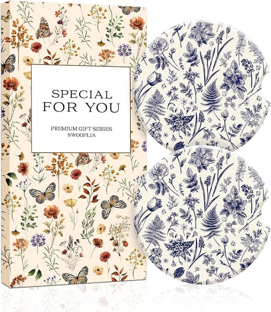 Swooflia Floral Absorbent Ceramic Car Coasters Set of 2, Cute Botanical Wildflower Cup Holder Coasters for Car, Vintage Blue Flower Car Accessories for Women, Unique Gifts for Mom, Friends, Teachers