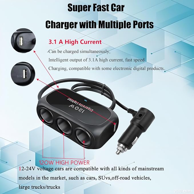 120W 3 Socket Car Cigarette Lighter Adapter,3 Socket Splitter with 2 USB Ports,12V/24V Universal Multi-Port Car Charger with 6-Layer Safety & LED Indicator for Dash Cam GPS Phone Truck SUV