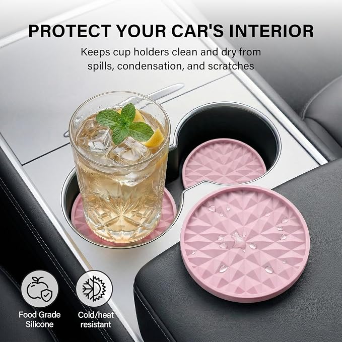 Car Coasters for Cup Holders [4 Pack] 3.15in Non-Slip Silicone Mats, Soft Pink