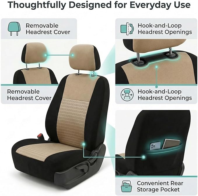 FH Group Universal Car Seat Covers Front Set for SUV Truck Sedan Vans | 3D Textured Breathable Fabric Seat Cover Set Protector with Airbag Compatible Interior Upgrade - Beige