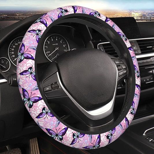 Pink Floral Purple Butterfly Pretty Steering Wheel Cover For Women Men Girls Car Accessories Decor Anti-Slip Neoprene Auto Steering Wheel Covers Protector Universal 15 Inch