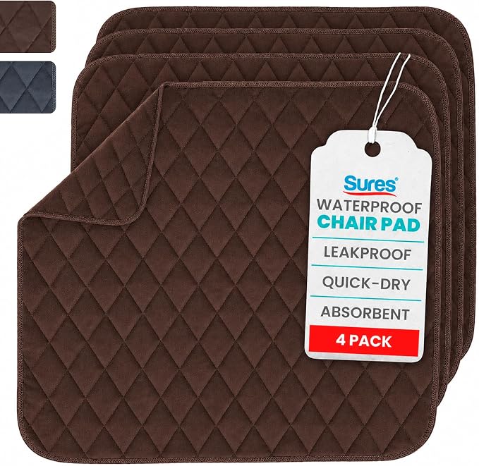 Sures Waterproof Chair Pads for Incontinence (22" x 21") - Washable Seat Protector - Chair Cover - Absorbent Pad for Bed, Seat, Car, Wheelchair & Recliner (Brown, 4 Pack)
