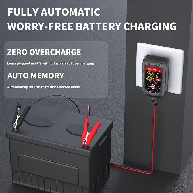 2 Pack Battery Charger 2A 6V 12V, Trickle Charger and Maintainer with Pulse Repair, Automatic Float Charger for Car Motorcycle Boat Lawn Mower ATV RV, 10FT Cable, LiFePO4 Lithium AGM Gel Lead Acid