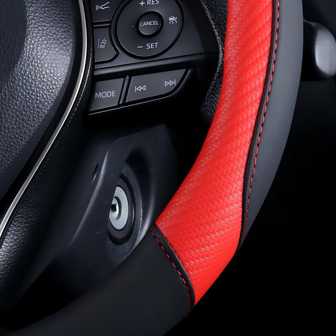 Steering Wheel Cover Red- Premium Perforated Carbon Fiber Leather Sport Wrap with Odorless Rubber Non-Slip Inner, Universal Fit for Cars Trucks SUVS - 15 Inch (Red)