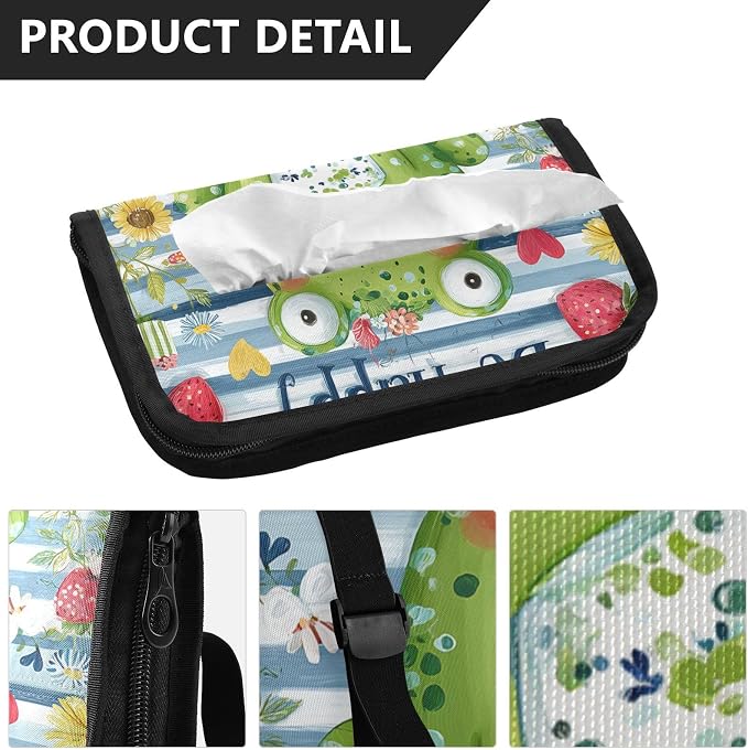 Happy Blue Striped Frog Floral Strawberry Car Tissue Holder Durable Napkin Holder Hanging Tissue Holders Case Car Tissues Bag for Sun Visor Seat Back Universal Auto