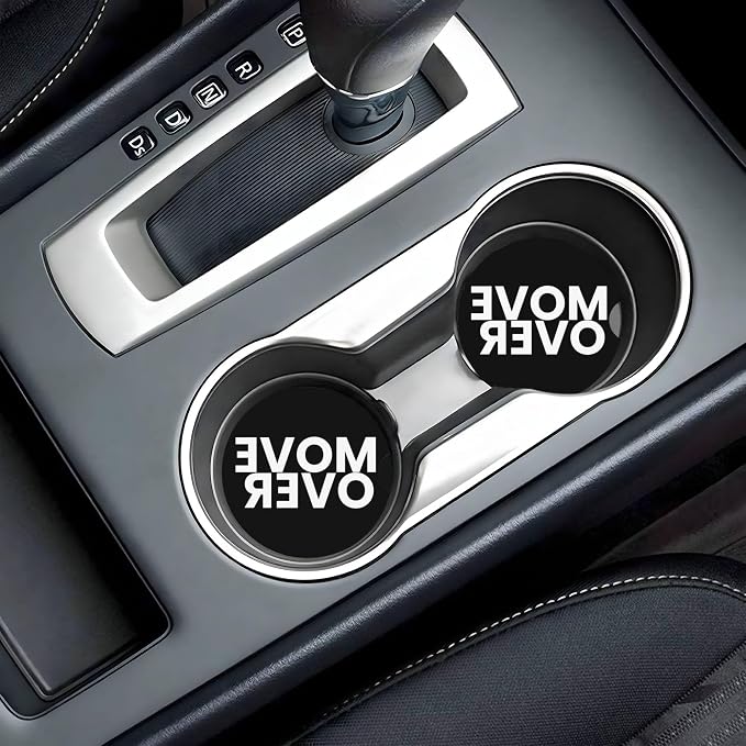 Move Over Car Cup Holder Coasters 2 Pack 2.63" for Women | Universal Anti Slip Ceramic Absorbent Coaster with Cork Base and Finger Notch Cute Car Accessories Interior