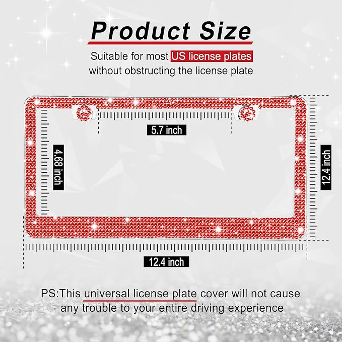 GaRhomxy Bling License Plate Frames for Women, 1 Pack Handcrafted Sparkly Rhinestone Car Accessories, Premium Stainless Steel Frame with 1000+ Faceted Glass Crystals & Free Glitter Caps (Red)