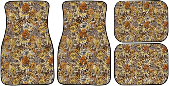 Retro Sunflower Print Car Floor Mats Set of 4 Daisy Floral Butterfly Universal Vehicle Floor Carpet Decorative Auto Front Rear Foot Rugs for Trucks SUV Sedan