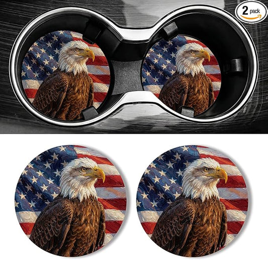 WOCOCN Car Coasters for Cup Holders - 2 Pack 2.75" Universal Rubber Car Cup Coaster, Non-Slip Waterproof Car Interior Accessories, Cute Car Decor Gifts for Women and Men (Eagle)