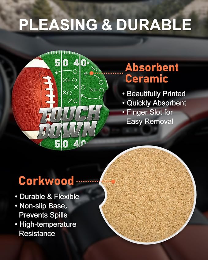 Swooflia Car Coasters for Men - Touch Down Ceramic Car Cupholder Coaster Cool Absorbent Mat Coaster with Cork Base 2 Pack Automotive Cup Holder Accessories New Driver Gifts