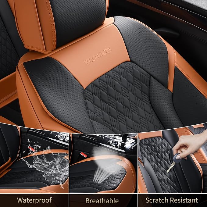 FLORICH Seat Covers, Car Seat Covers Full Set, Luxury Nappa Leather Seat Covers, Breathable and Waterproof Car Seat Protector 5 Seat, Automotive Seat Covers Universal Fit for Most Cars-Brown&Black