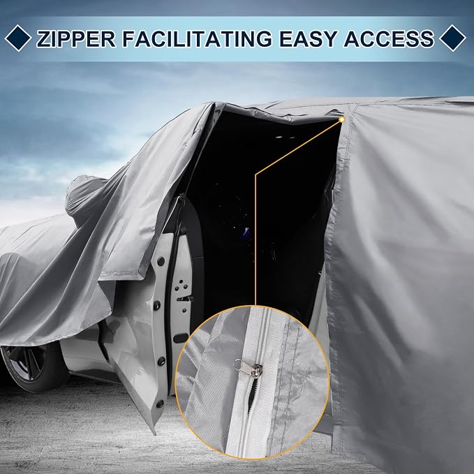 Silver Tone Heavy Duty Waterproof Car Cover for Sedan 185"-191" - All-Weather UV Protected Outdoor Full Exterior Cover with Sun/Snow/Rain Resistance