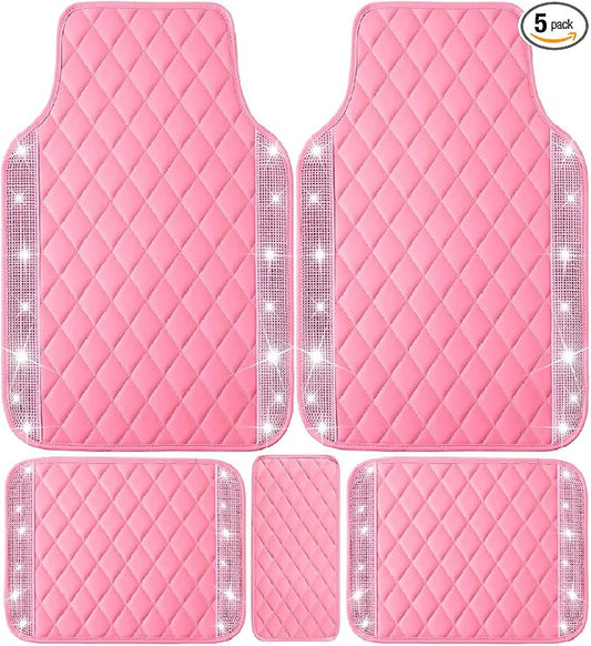 NBTEPEM Pink Bling Leather Car Floor Mats Full Set, Sparkly Diamond Car Mats Universal Fit Most Automotive, Glitter Rhinestone Carpet Waterproof Anti-Slip, 5 pcs Set (Pink Leather Diamond)