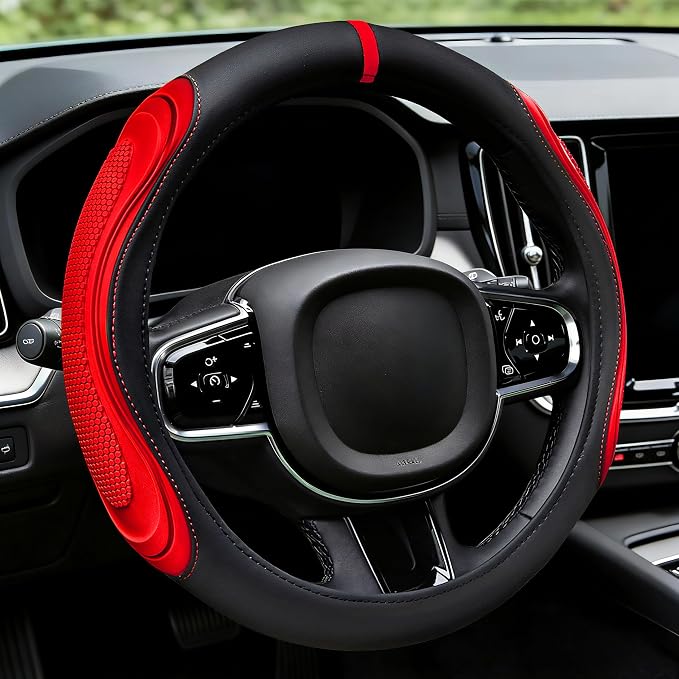 XCBYT Steering Wheel Cover - Red Leather Steering Wheel Wrap Great Grip with 3D Honeycomb Quick and Effortless Installation Non-Slip Silicone Inner Ring for Women Man Universal Fit 14.5-15 Inch