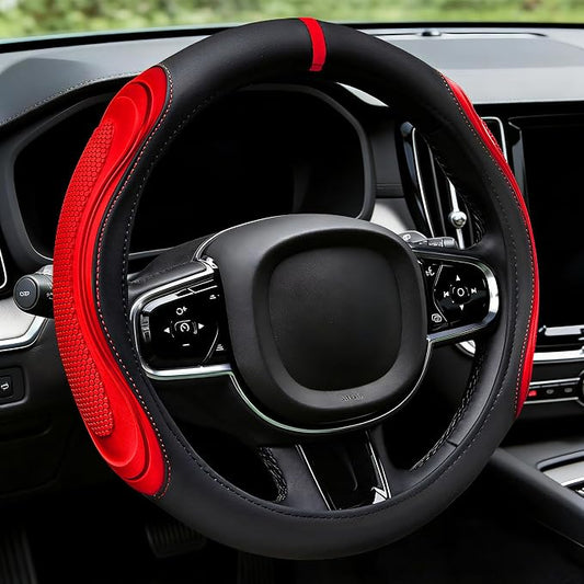 XCBYT Steering Wheel Cover - Red Leather Steering Wheel Wrap Great Grip with 3D Honeycomb Quick and Effortless Installation Non-Slip Silicone Inner Ring for Women Man Universal Fit 14.5-15 Inch