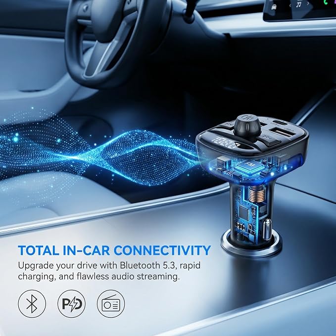 Bluetooth 5.3 Car Adapter Charger, Wireless FM Bluetooth Transmitter | Fast Charge Wireless Radio FM Transmitter with Deep Bass Player, LED Backlit, Hands-Free Calling,Support MP3 Player USB Drive
