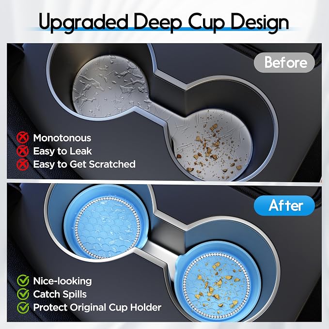 Amooca Car Cup Coaster Universal Non-Slip Cup Holders Bling Crystal Rhinestone Car Interior Accessories 4 Pack Light Blue