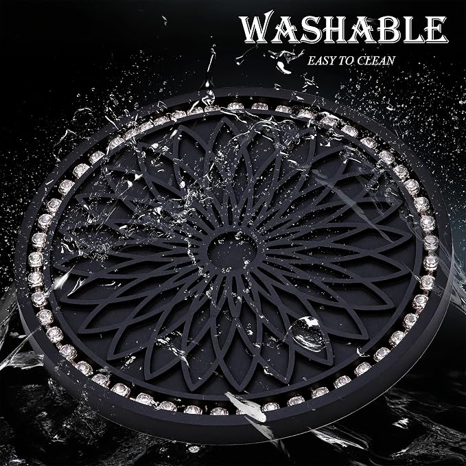 2PCS Bling Car Cup Holder Coasters, 2.75 Inch Silicone Anti-Slip Insert, Bling Shockproof Cup Mat for Women Girls, Universal Fit for Most Vehicles (Black & White)