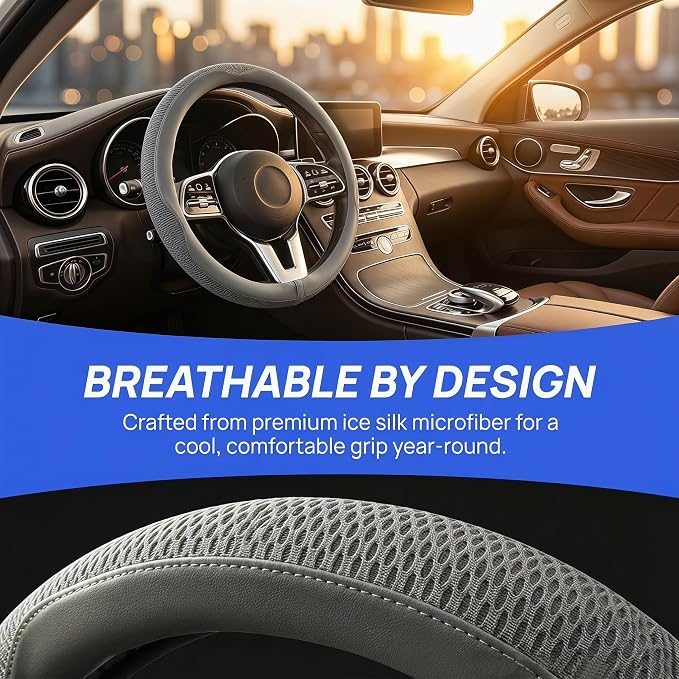 38cm Car Steering Wheel Cover, Universal 15 inch, Microfiber Breathable Ice Silk, Anti-Slip, Odorless, Easy to Install