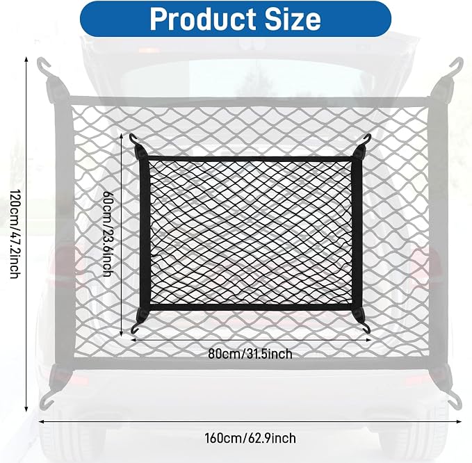 Cargo Net 80×60cm, Car Trunk Net Elastic Nylon Baggage, Car Trunk Net with 4 Hooks, Storage Organizer Car Net for Car Boot Vehicle Van SUV(Black)