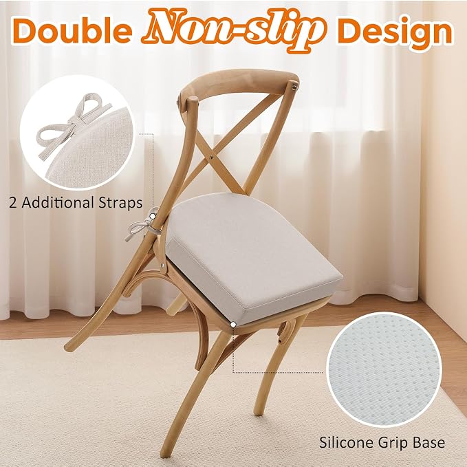 downluxe Chair Cushions for Dining Chairs, Memory Foam Linen Kitchen Chair Pads with Ties, Waterproof, Stain-Resistant and Washable Cover, 17" x 16" x 2.5", Beige, 2 Pack
