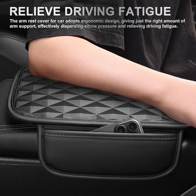 CAR PASS 3D Memory Foam Leather Car Steering Wheel Cover Set, Comfortable Rhombus Leather Center Console Armrest Cushion with Storage Bags Non-Slip 14.5-15in Car Interior Covers Sets, 4 PCS All Black