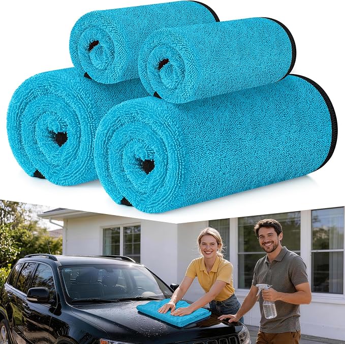 Bolant 4 Pack Twisted Loop Car Drying Towel, Microfiber Towels for Cars 24"x36", Reusable Shammy Quick Dry Cloth for Auto, Boat, Kitchen, Windows & Bathroom（Blue）