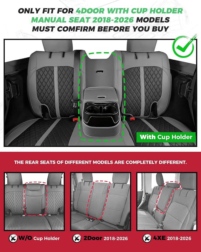 for Jeep Wrangler Seat Covers 4Door JL 2018 2019 2020 2021 2022 2023 2024 2025 2026, Custom Fit Car Seat Cover Full Set, Luxury Waterproof Leather Protectors, Gray Black, with Rear Cup Holder