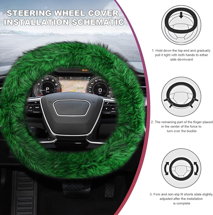 Fluffy Steering Wheel Cover, 15 Inch Anti-Slip Microfiber Plush Fuzzy Steering Wheel Cover, Winter Warm Elastic Fuzzy Steering Wheel Covers for Women and Men, Car Accessories (Green)