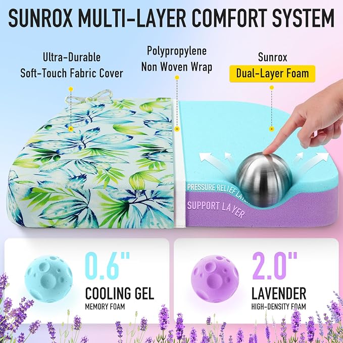 SUNROX Cooling Gel Memory Foam Chair Cushions, 2.6" Thick U-Shaped Dual-Layer Comfort Dining Chair Pads, Non Slip Seat Cushion with Ties for Indoor Kitchen Office 17"x16" Set of 4, Aqua Pilea Notata