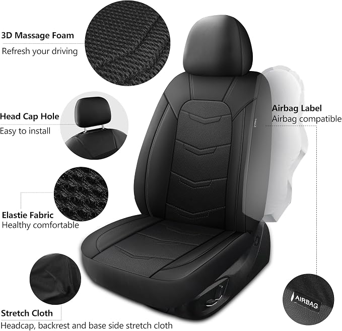 HChengkikz Front Car Seat Cover, Breathable and Sporty (Black) | Leather, Universal Fit for Most SUVs, Cars, Sedans, Trucks, Airbag Compatible, Easy to Install